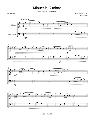 Bach Minuet in G minor - BWV anh 115  - Oboe and Cello - ornamented (arr. Arezzo Music)
