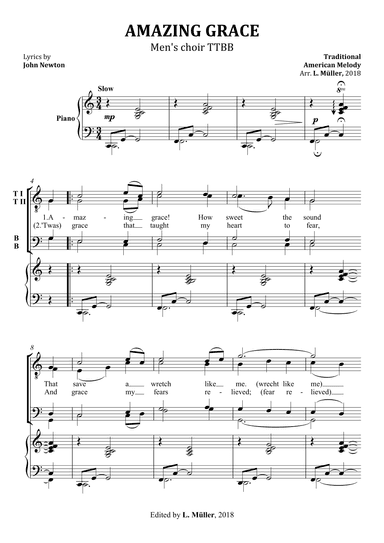 Amazing Grace - Men's choir and Piano (TTBB) (arr. L. Müller)