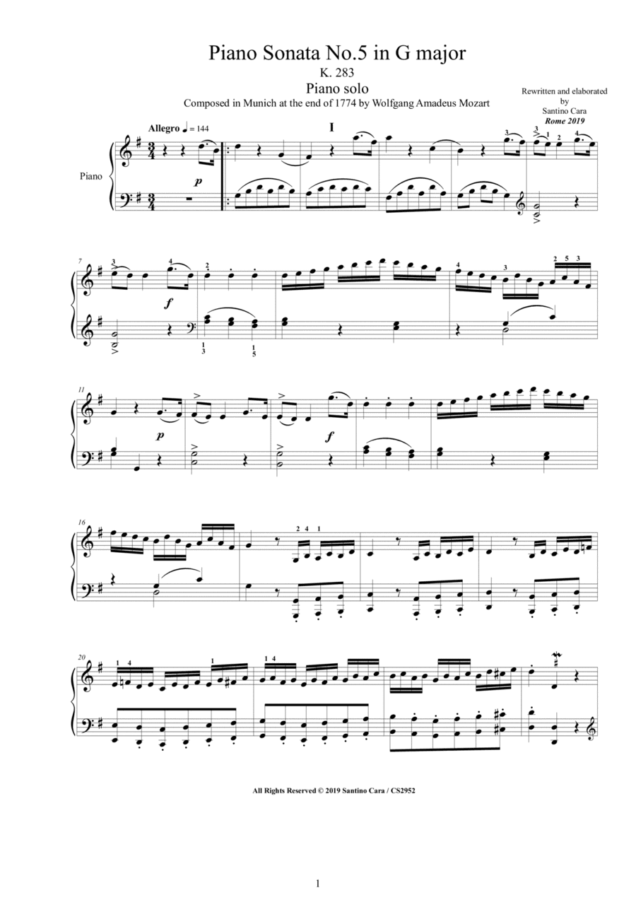 Mozart - Piano Sonata No.5 in G major K 283 - Complete score (arr. Santino Cara)