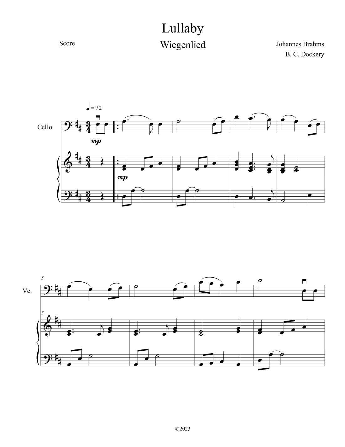 Brahms's Lullaby (Cello Solo with Piano Accompaniment) (arr. B. C. Dockery)