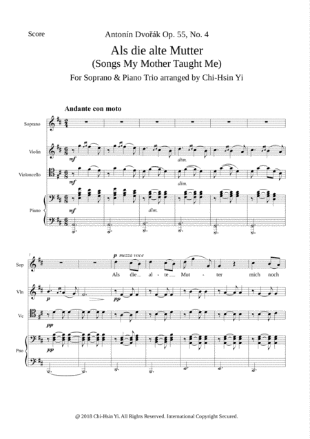 Songs My Mother Taught Me (Soprano & Piano Trio) (arr. Chi-Hsin Yi)