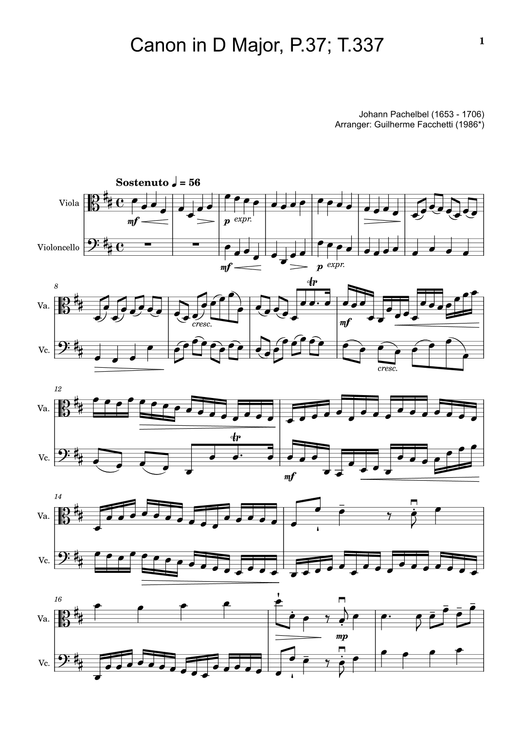 Johann Pachelbel - Canon in D Major, P.37; T.337. For Viola and Violoncello. Score and Parts (arr. Guilherme Facchetti)