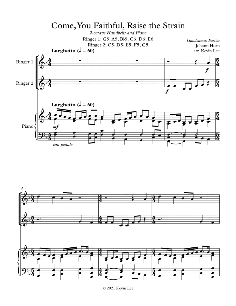 Come, You Faithful, Raise the Strain (2 Octave Handbell Duet & Piano) (arr. Kevin Lee)