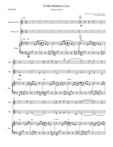 O Mio Babbino Caro (Puccini) for Trumpet in Bb & Horn in F Duo and Piano Accompaniment with Chords (arr. Fernando Britto)