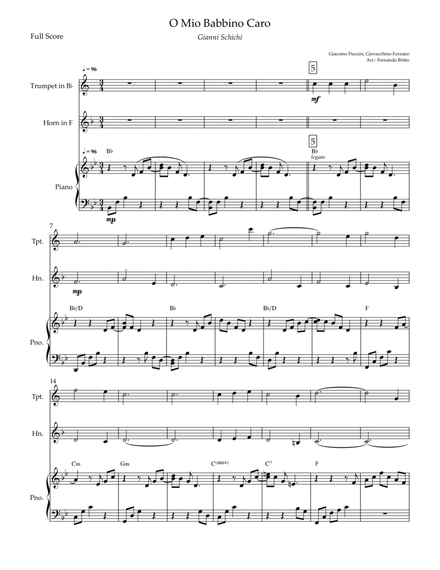 O Mio Babbino Caro (Puccini) for Trumpet in Bb & Horn in F Duo and Piano Accompaniment with Chords (arr. Fernando Britto)