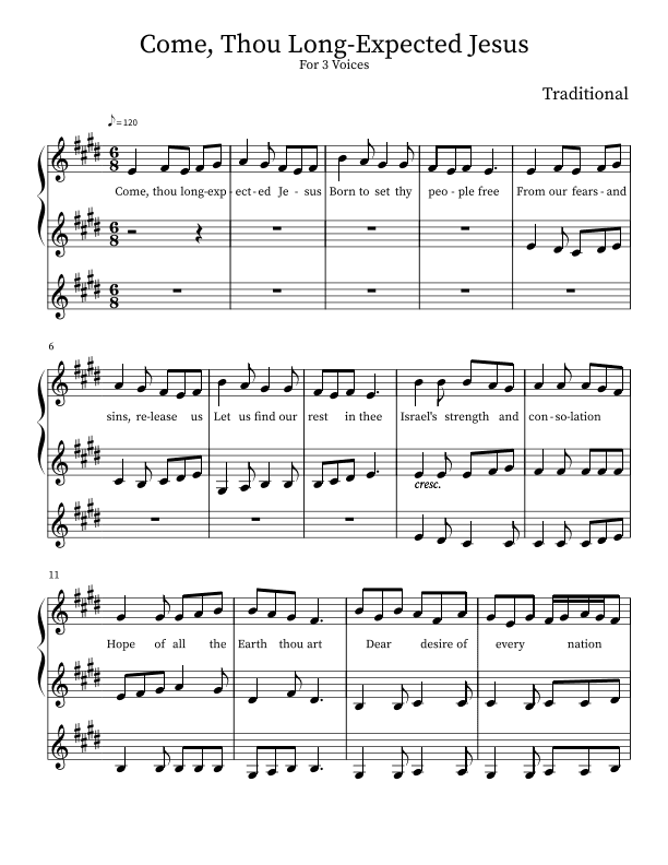 Come, Thou Long-Expected Jesus: 3-Part Women's Vocal (arr. G.O.K.)