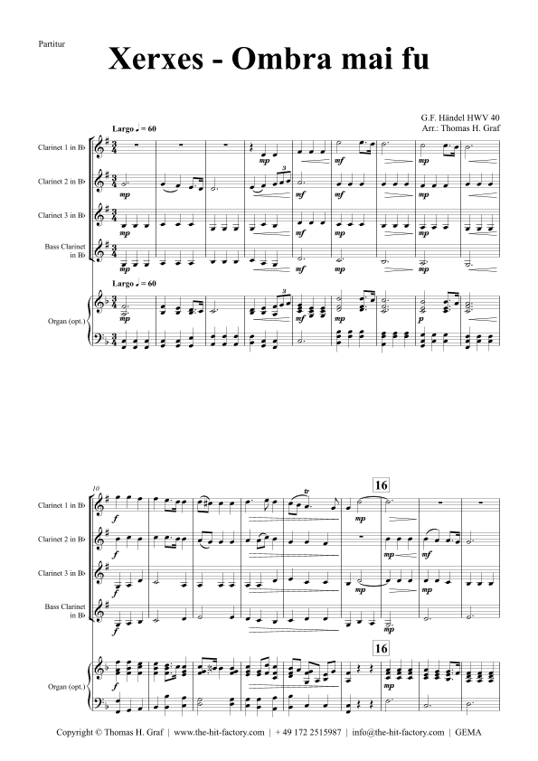Xerxes Largo - Ombra mai fu - Clarinet Quartet (arr. Thomas Graf)