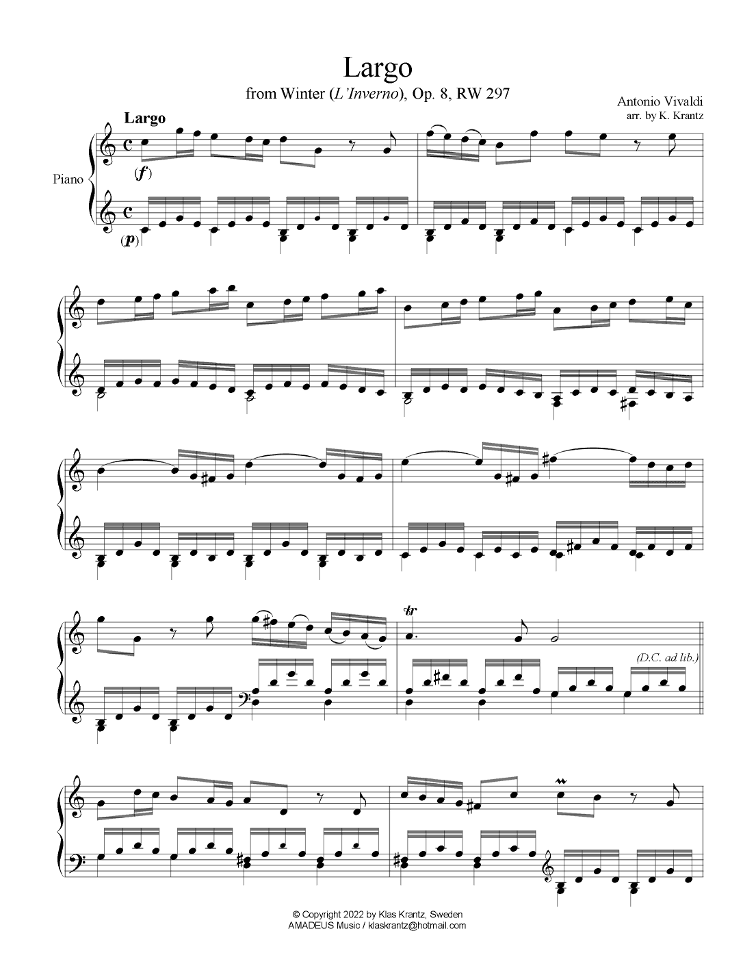 Largo from Winter (L'Inverno) for piano solo (C Major arr.) (arr. K. Krantz)