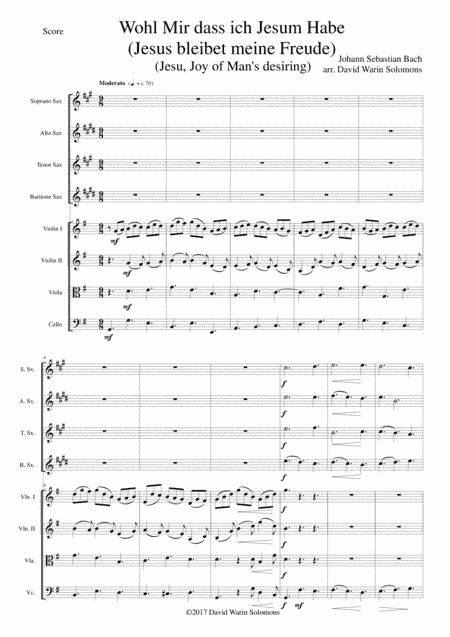 Wohl mir dass ich Jesum habe (Jesu joy of man's desiring) for saxophone quartet and strings (arr. David Warin Solomons)