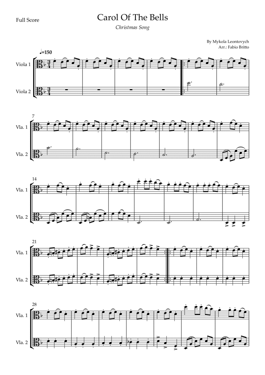 Carol Of The Bells (Christmas Song) for Viola Duo (D Minor) (arr. Fabio Britto)