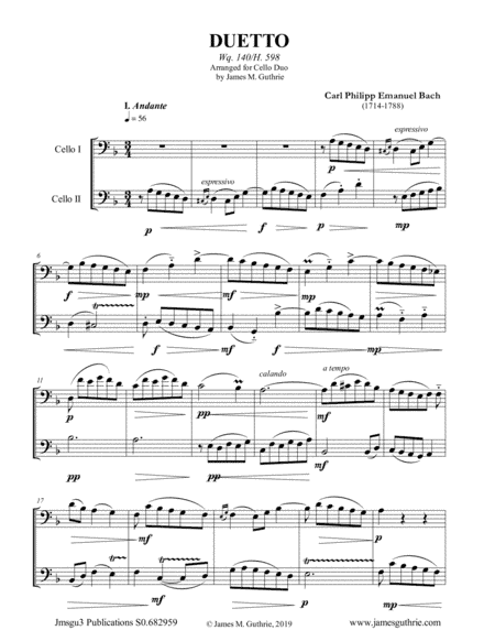 CPE Bach: Duetto Wq. 140 for Cello Duo (arr. James M. Guthrie, ASCAP)