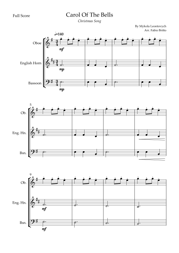 Carol Of The Bells (Christmas Song) for Woodwind Trio (arr. Fabio Britto)
