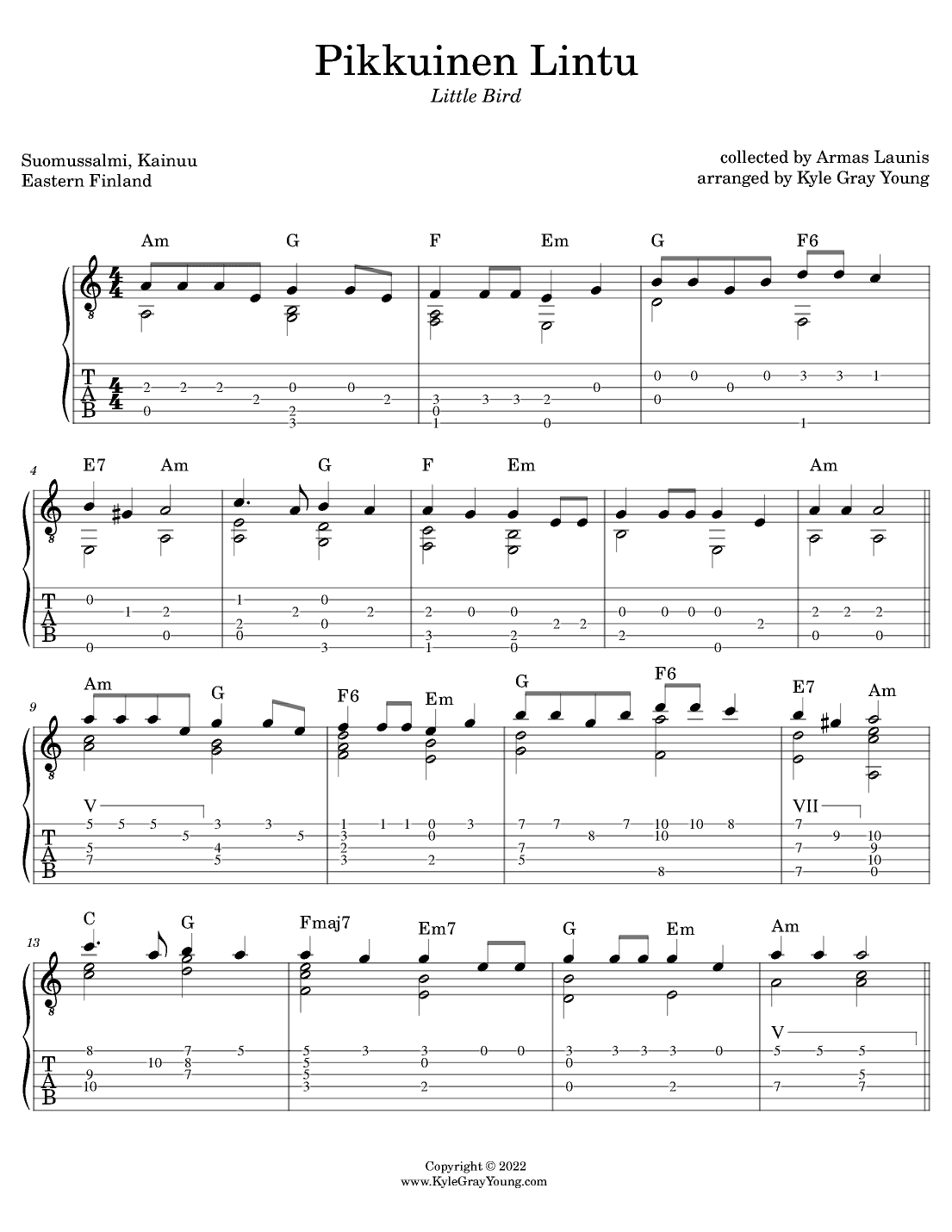 Pikkuinen Lintu (Little Bird) (guitar tab) (arr. Kyle Gray Young)