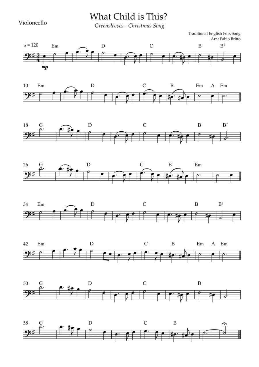 What Child is This? - Greensleeves (Christmas Song) for Cello Solo with Chords (arr. Fabio Britto)