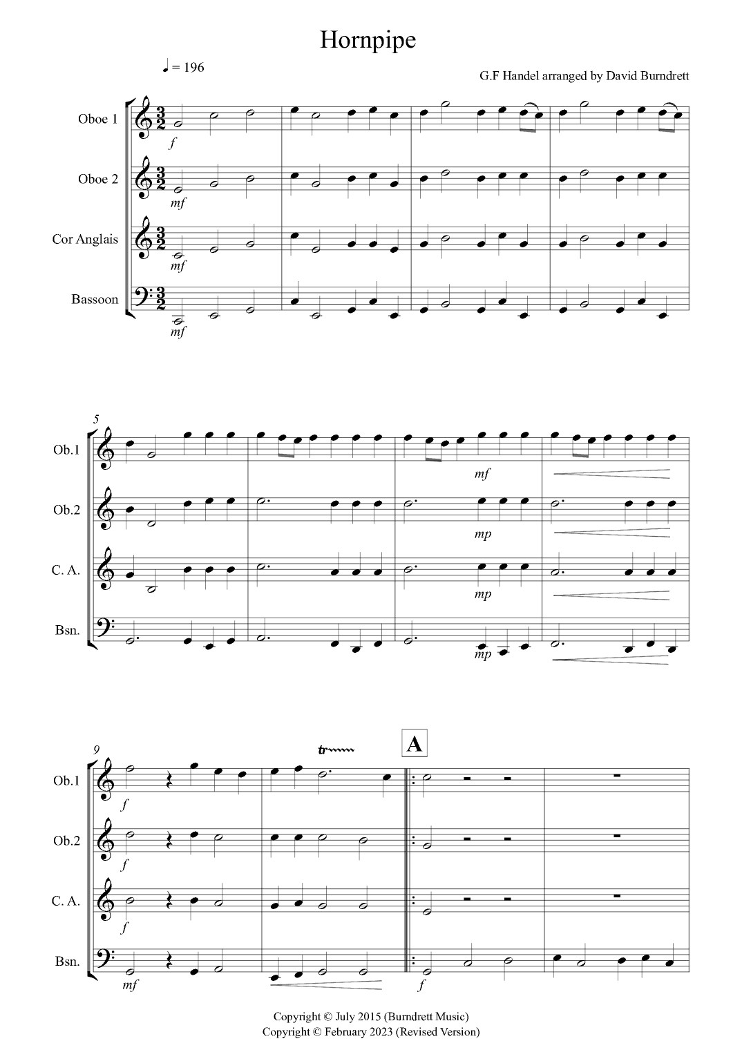 Hornpipe from Handel's Water Music for Double Reed Quartet (arr. David Burndrett)