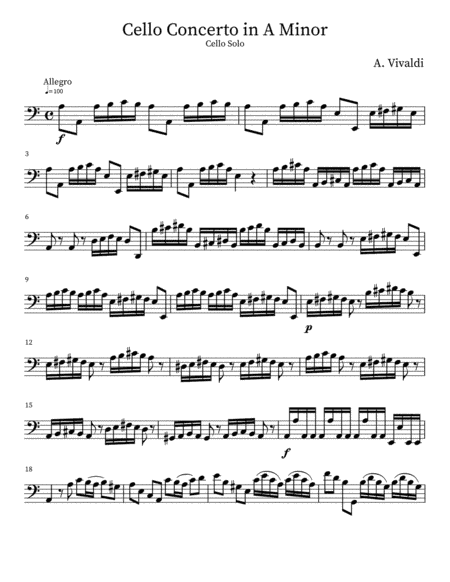 Vivaldi Cello Concerto in A Minor RV419 solo part (arr. Tom Christie)