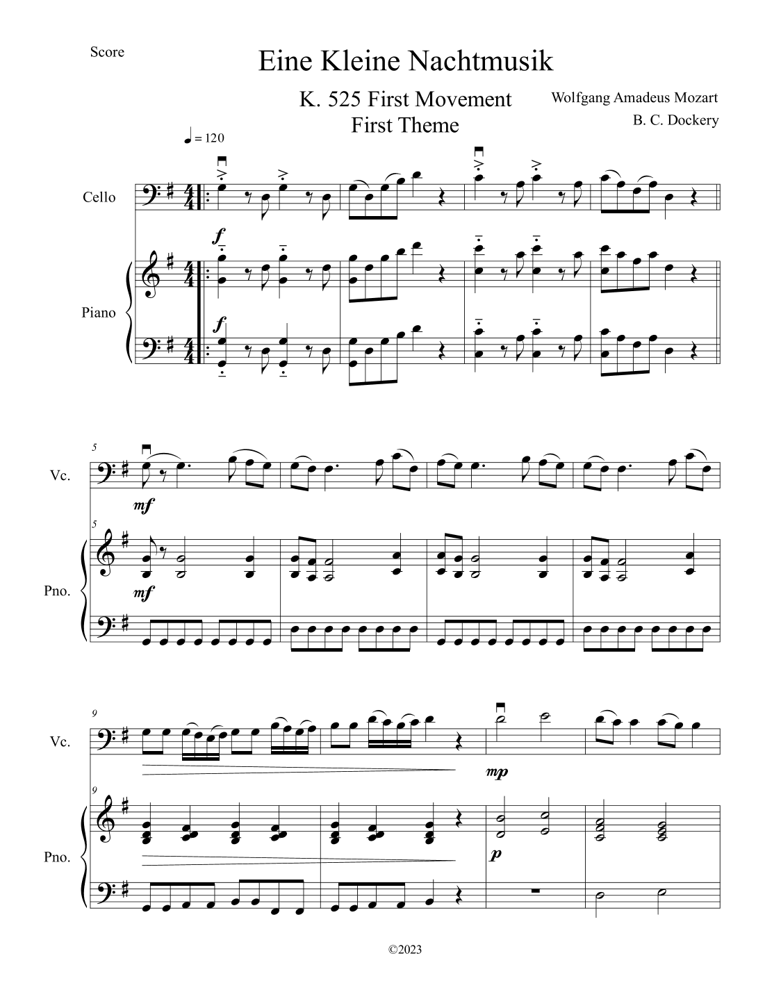 Eine Kleine Nachtmusik (A Little Night Music) for Cello Solo with Piano Accompaniment (arr. B. C. Dockery)