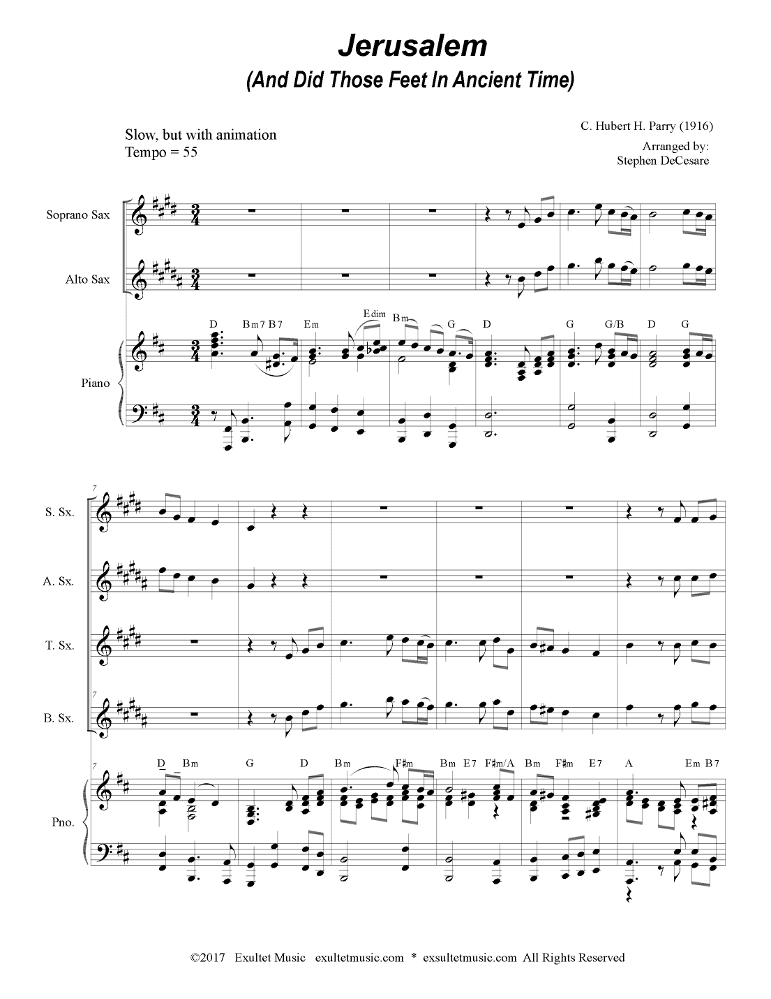Jerusalem (Saxophone Quartet and Piano) (arr. Stephen DeCesare)