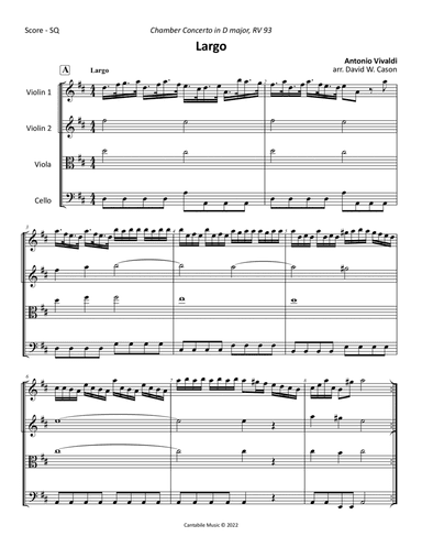 Largo from Chamber Concerto in D major RV 93 (Vivaldi) STRING QUARTET (arr. David W. Cason)