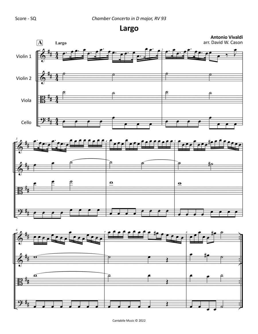 Largo from Chamber Concerto in D major RV 93 (Vivaldi) STRING QUARTET (arr. David W. Cason)