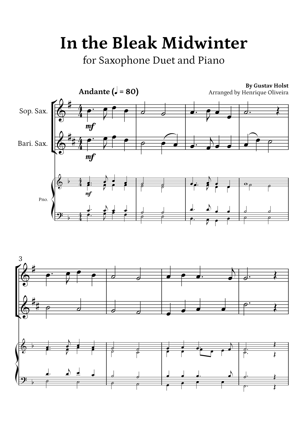 In the Bleak Midwinter (Saxophone Duet and Piano) - Beginner Level (arr. Henrique Oliveira)