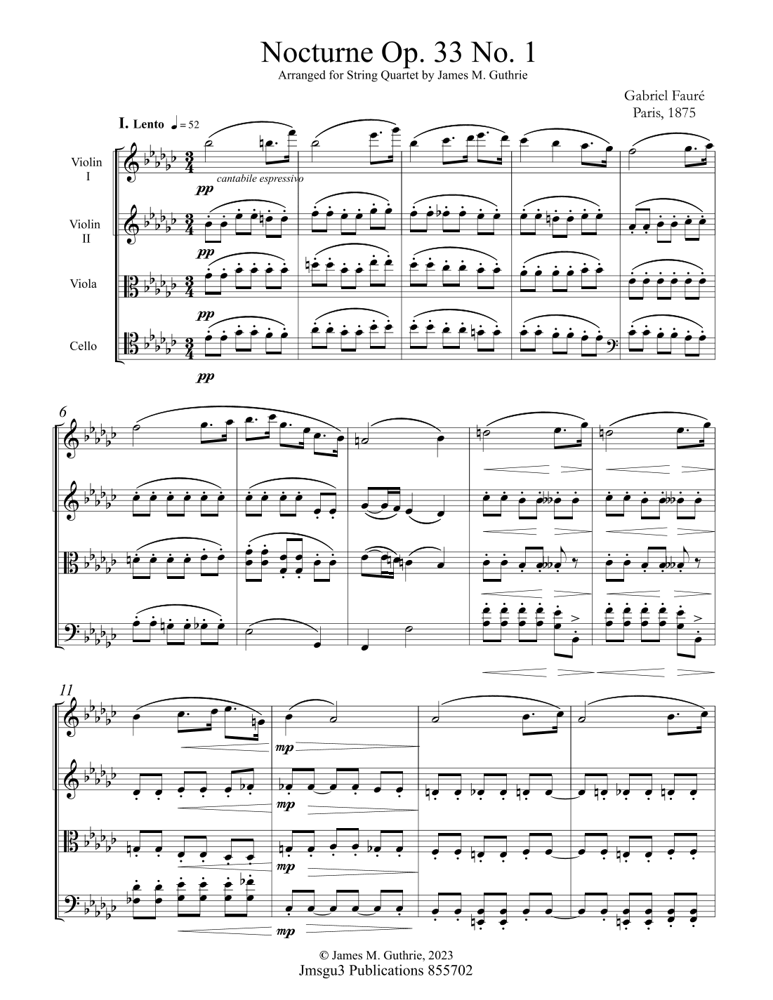 Fauré: Three Nocturnes Op. 33 Complete for String Quartet - Score Only (arr. James M. Guthrie)