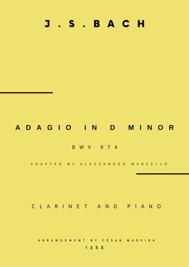 Adagio (BWV 974) - Bb Clarinet and Piano (Full Score and Parts) (arr. César Madeira)