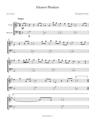 turlough'o carolan eleanor plunkett violin and Bassoon sheet music (arr. Arezzo Music)