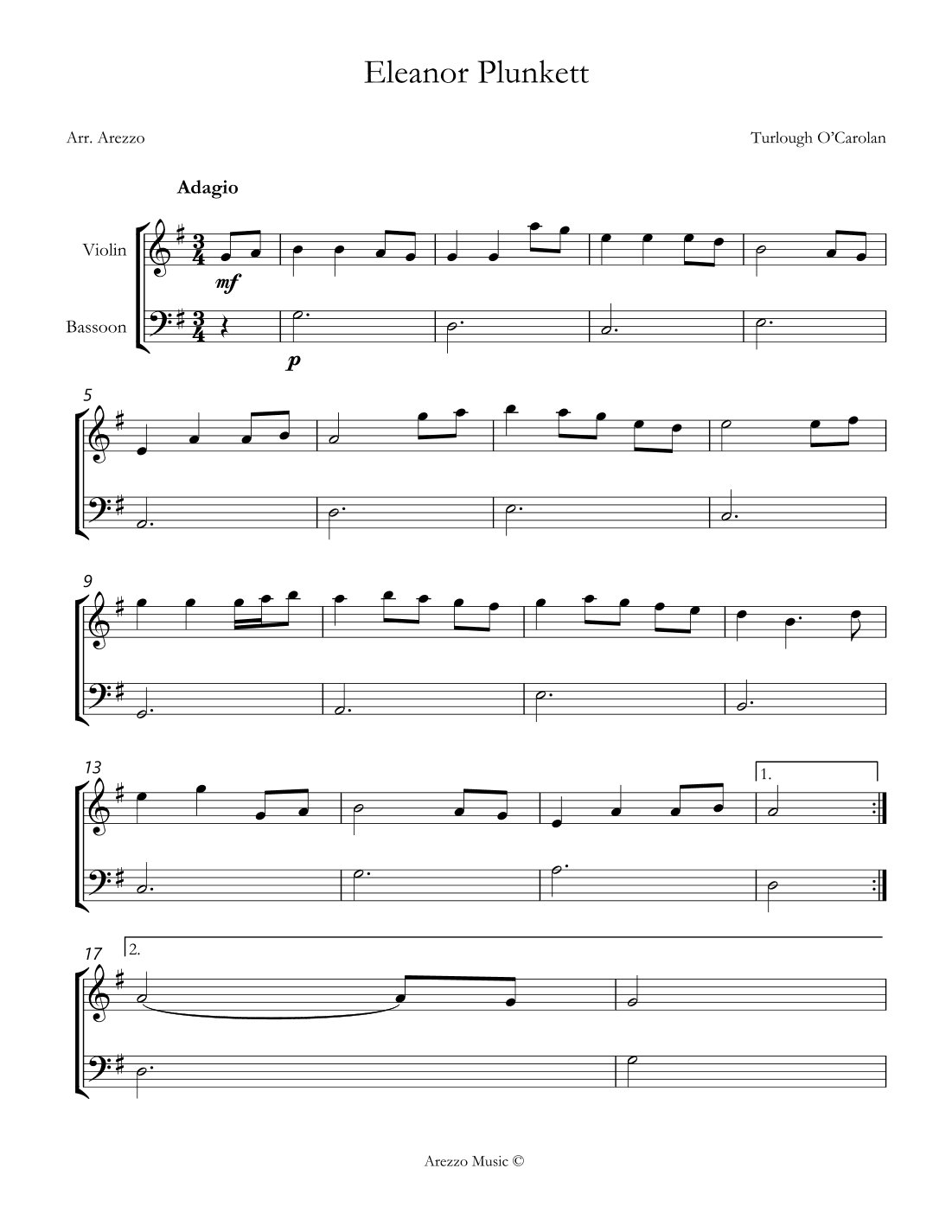 turlough'o carolan eleanor plunkett violin and Bassoon sheet music (arr. Arezzo Music)