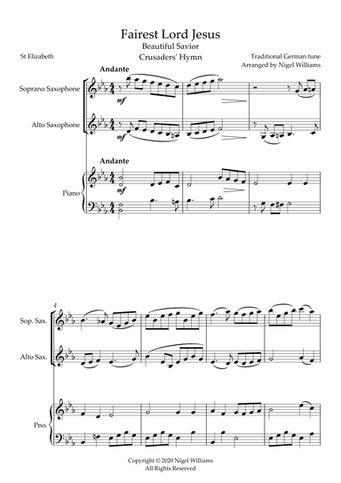 Fairest Lord Jesus, for soprano and alto saxophone duet and piano (arr. Nigel Williams)