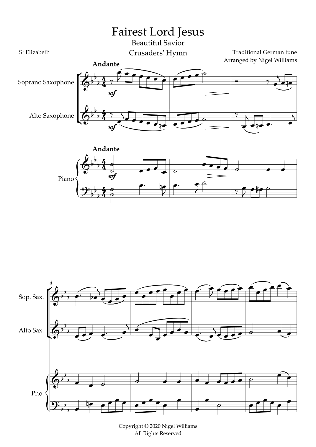Fairest Lord Jesus, for soprano and alto saxophone duet and piano (arr. Nigel Williams)