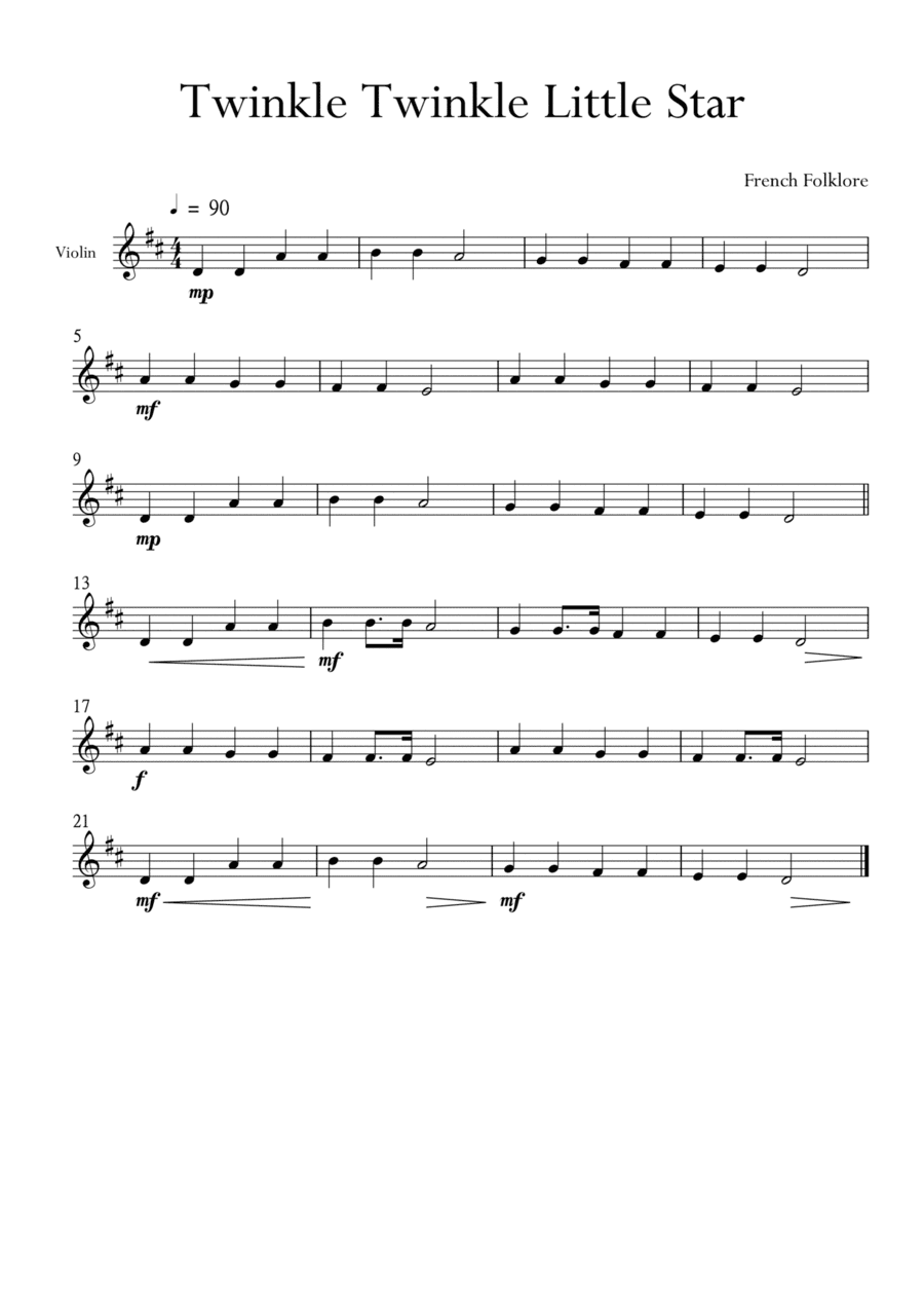 Twinkle Twinkle Little Star for Violin in D Major. Very Easy. (arr. Matheus Araújo)