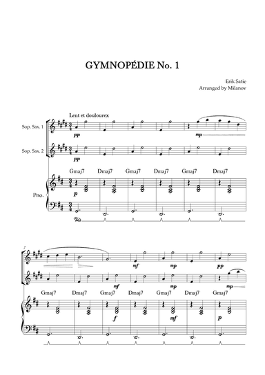 Gymnopédie no 1 | Soprano Saxophone Duet | Original Key | Chords | Piano accompaniment |Easy interme (arr. Milanov)
