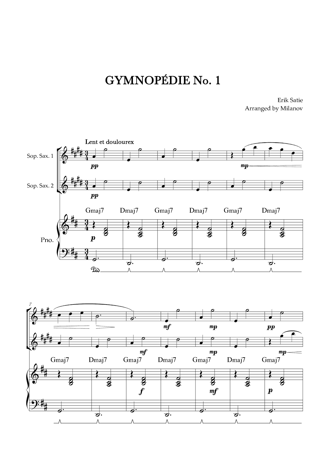 Gymnopédie no 1 | Soprano Saxophone Duet | Original Key | Chords | Piano accompaniment |Easy interme (arr. Milanov)
