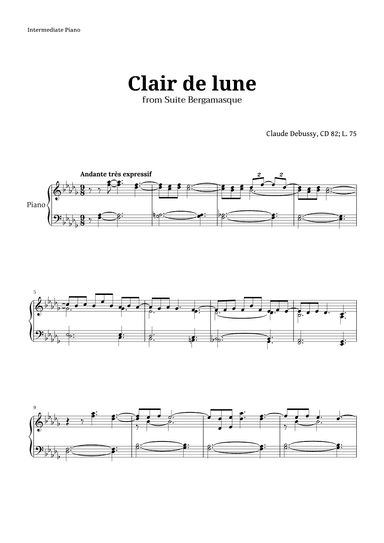Clair de Lune by Debussy for Intermediate Piano (arr. Langanho)