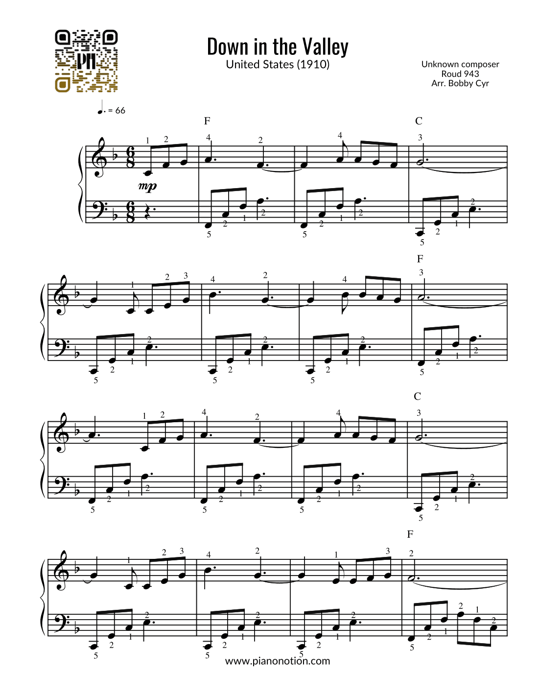 Down in the Valley (Easy Piano) (arr. Bobby Cyr - Piano Notion)