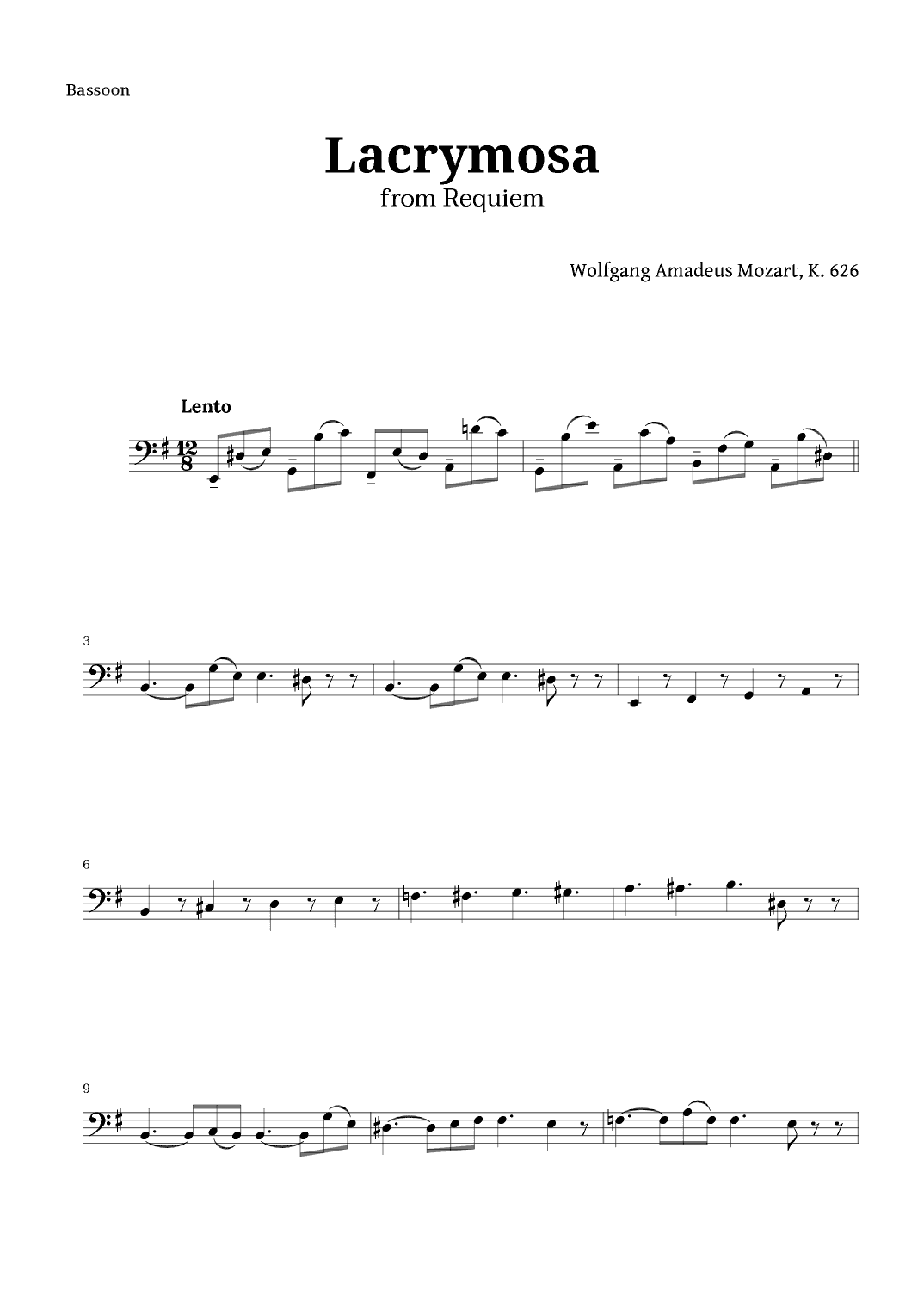 Lacrymosa from Requiem by Mozart for Bassoon (arr. Langanho)