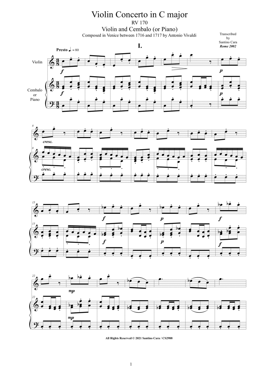 Vivaldi - Violin Concerto in C major RV 170 for Violin and Cembalo or Piano (arr. Santino Cara)