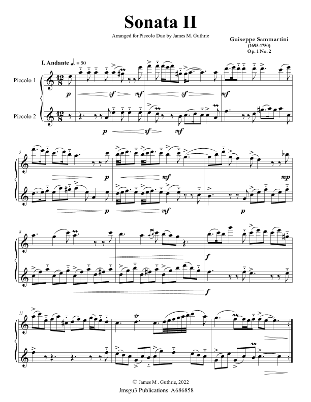 Sammartini: Sonata Op. 1 No. 2 for Piccolo Duo (arr. James M. Guthrie)