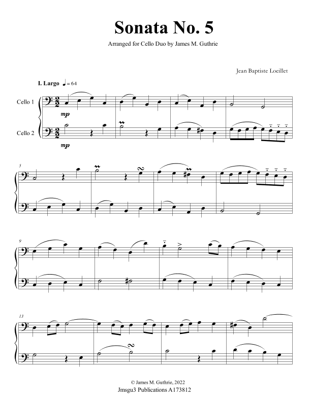 Loeillet: Sonata No. 5 for Cello Duo (arr. James M. Guthrie)