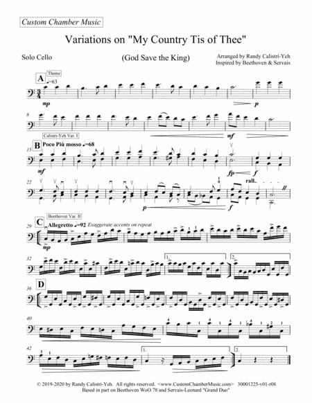 Variations on "My Country Tis of Thee" (God Save The King) (solo cello or viola) (arr. Randy Calistri-Yeh)