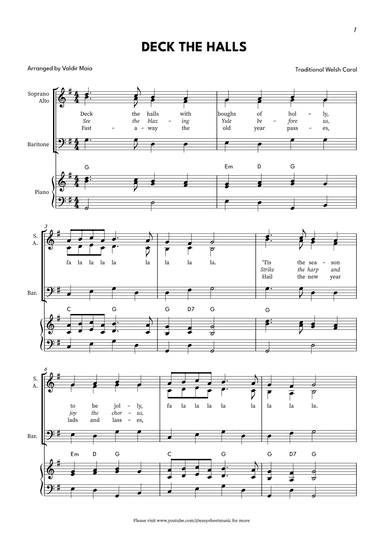 Deck The Halls - SABar. in G (with piano accompaniment) (arr. Valdir Maia)