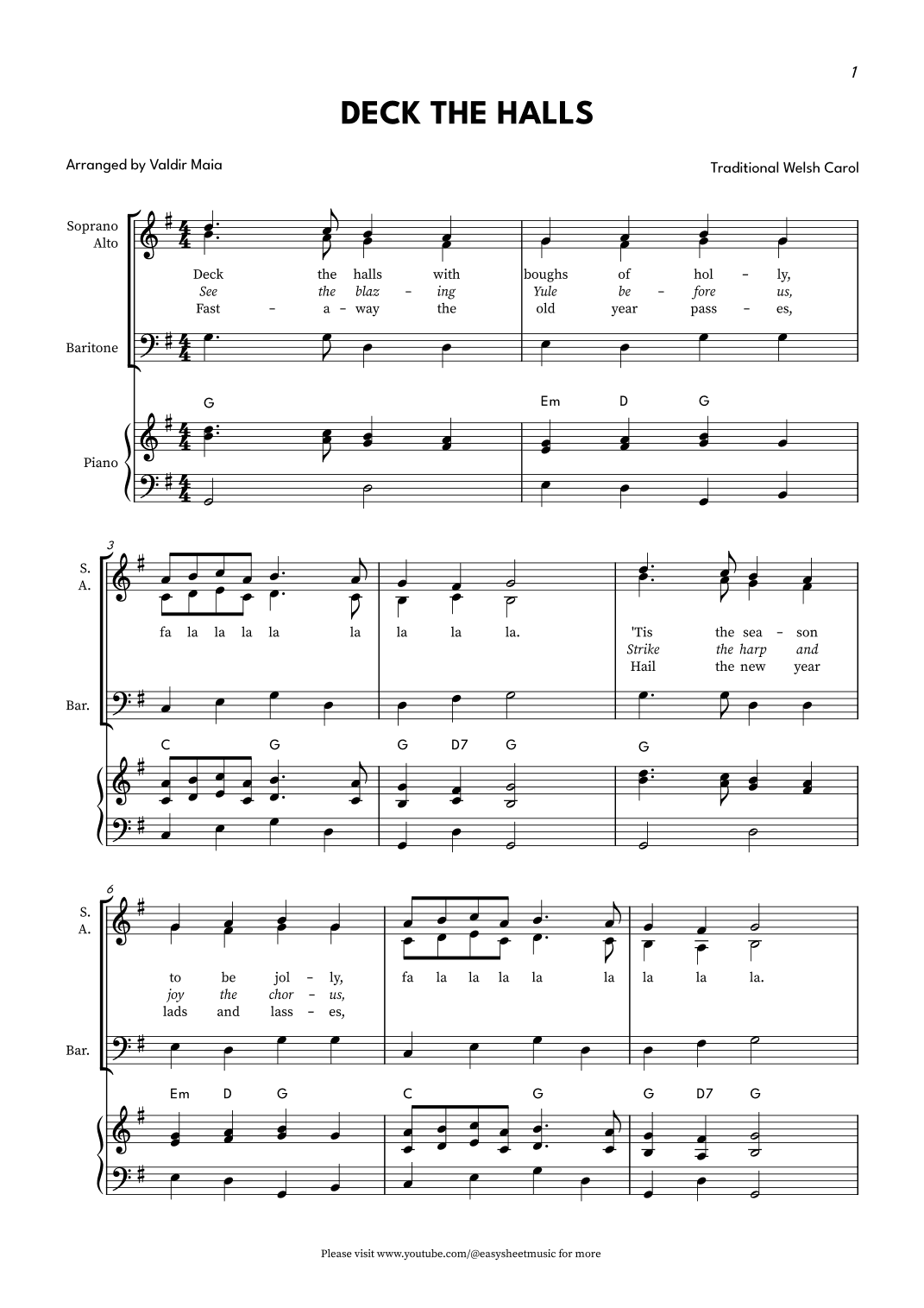 Deck The Halls - SABar. in G (with piano accompaniment) (arr. Valdir Maia)
