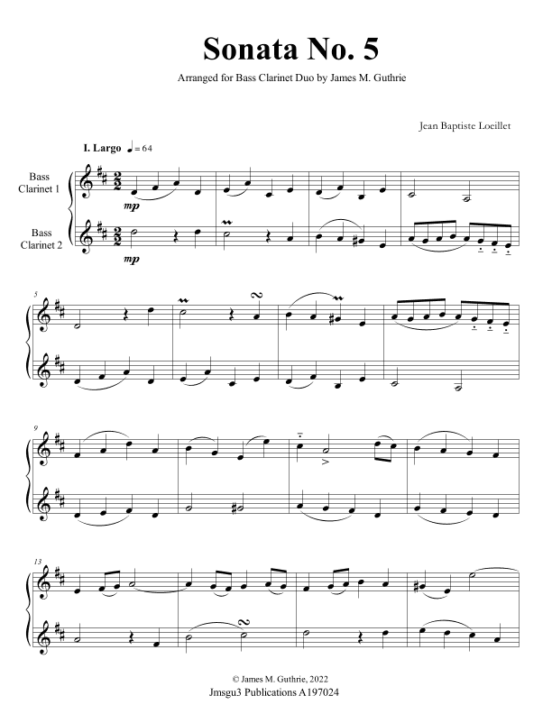 Loeillet: Sonata No. 5 for Bass Clarinet Duo (arr. James M. Guthrie)