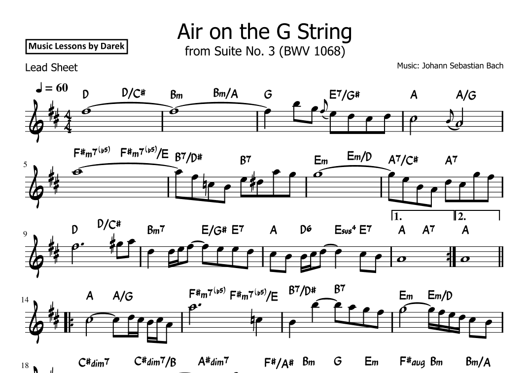 Air on the G String (LEAD SHEET) from Suite No. 3 (BWV 1068) [Johann Sebastian Bach] (arr. Darek)