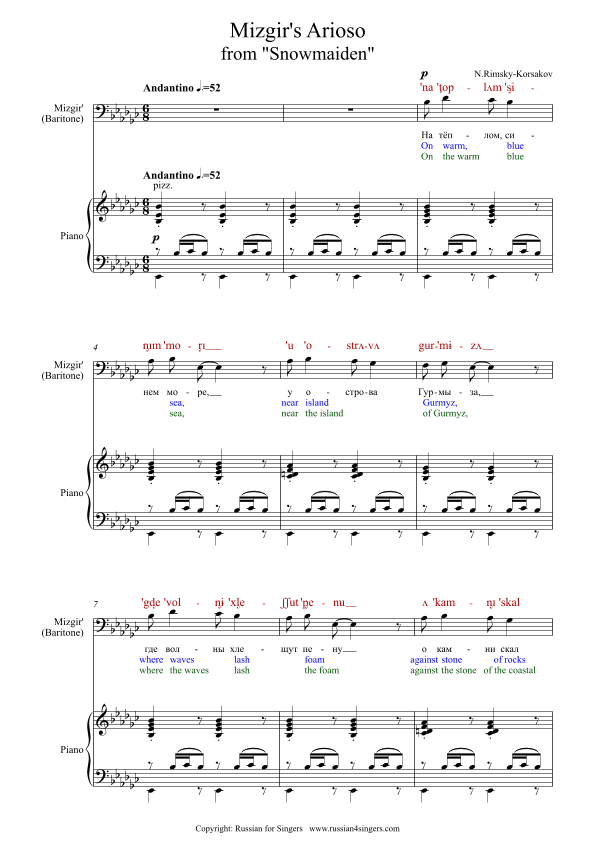 "Snowmaiden": Mizgir’s Arioso. DICTION SCORE with IPA & translation (arr. Russian for Singers)