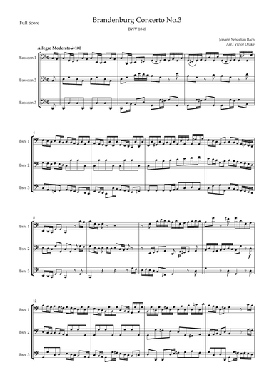 Brandenburg Concerto No. 3 in G major, BWV 1048 1st Mov. (J.S. Bach) for Bassoon Trio (arr. Victor Drake)