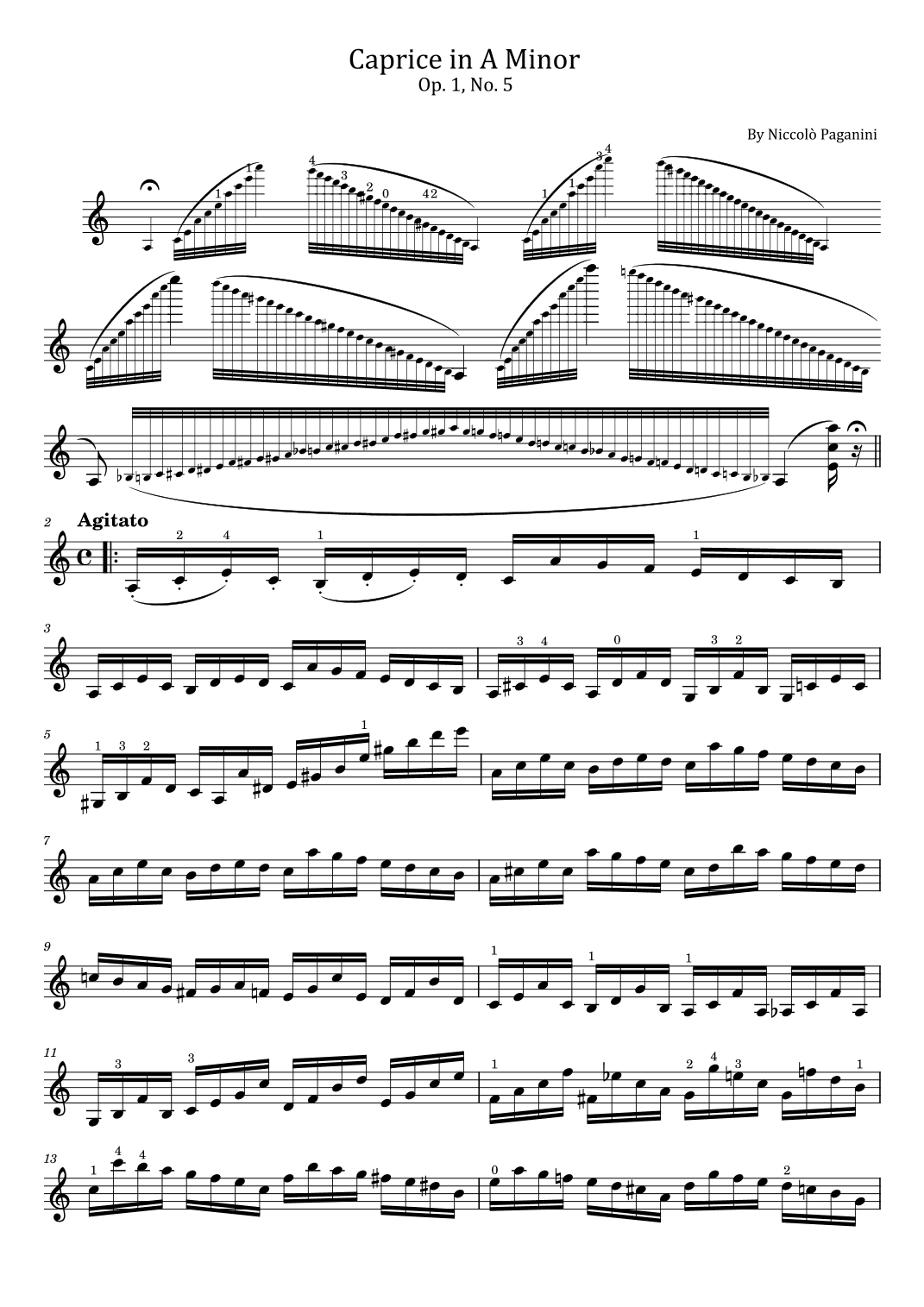 Paganini - Caprice in A Minor - Op. 1, No. 5 - For Violin Solo Original With Fingered (arr. poon)