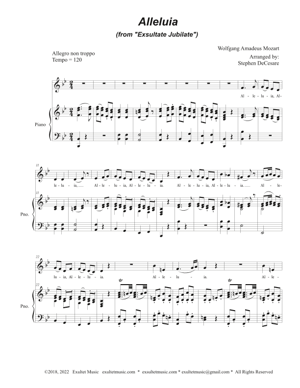 Alleluia (from "Exsultate, Jubilate") (Unison choir - Accessible Key Version -Bb Major) (arr. Stephen DeCesare)
