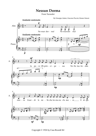 Nessun Dorma - Alto & Piano (arr. Karen Gueiros)